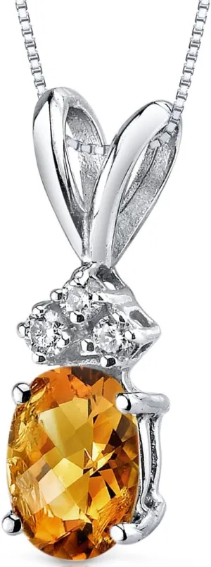 PEORA 14K White Gold Citrine with Diamonds Pendant for Women, Genuine Gemstone, Dainty Solitaire, Oval Shape, 7x5mm, November Birthstone Citrine Necklace, Real Citrine Necklace, w/Jewelry Box