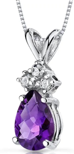 PEORA Amethyst with Genuine Diamonds Pendant in 14 Karat White Gold, Dainty Teardrop Solitaire, Pear Shape, 7x5mm, Real Amethyst Necklace, February Birthstone Necklace, w/Jewelry Box