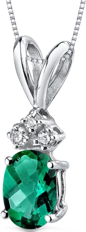 PEORA Created Emerald with Genuine Diamonds Pendant in 14 Karat White Gold, Dainty Solitaire, Oval Shape, 7x5mm, Green Emerald Jewelry, May Birthstone, Gifts for Birthday, Anniversary, Wedding