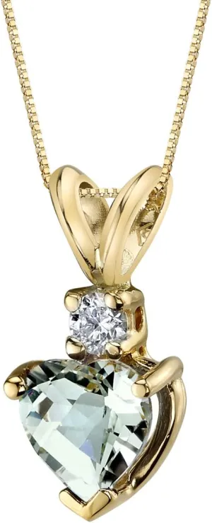 PEORA Green Amethyst with Genuine Diamond Pendant in 14 Karat Yellow Gold, Heart Shape Solitaire, 6mm, 100% Natural & Real, Sparkling Green Amethyst Necklace, For Jewelry Gift & Everyday Wear