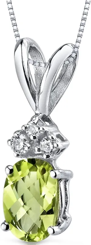 PEORA Peridot with Genuine Diamonds Pendant in 14 Karat White Gold, Dainty Solitaire, Oval Shape, 7x5mm, 1 Carat total, Real Gold Peridot Jewelry, August Birthstone Necklace, w/Jewelry Box