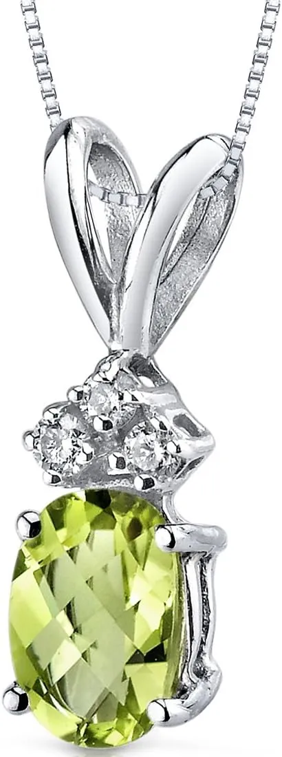 PEORA Peridot with Genuine Diamonds Pendant in 14 Karat White Gold, Dainty Solitaire, Oval Shape, 7x5mm, 1 Carat total, Real Gold Peridot Jewelry, August Birthstone Necklace, w/Jewelry Box