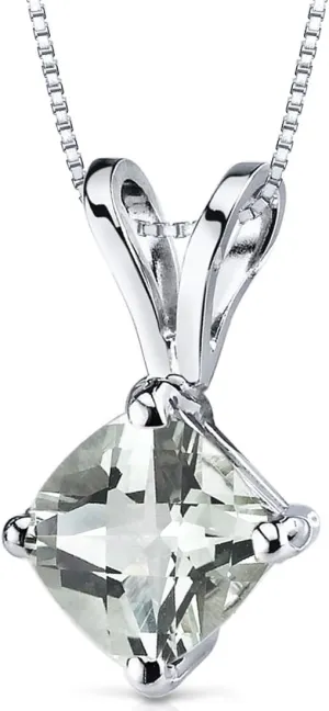 PEORA Solid 14K White Gold Green Amethyst Pendant for Women, Genuine Gemstone Classic Solitaire, Cushion Cut, 6mm, 100% Natural & Real, Sparkling Green Amethyst Necklace, w/Jewelry Box