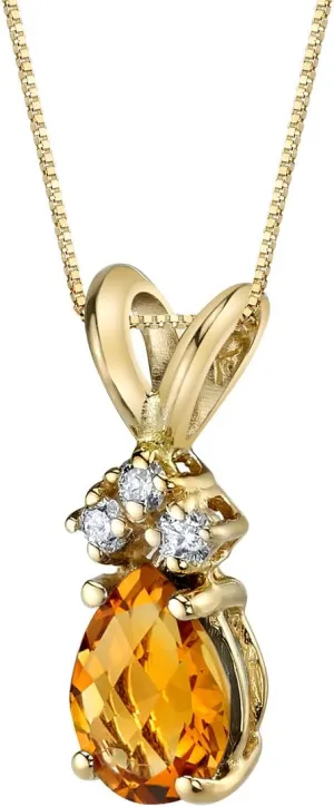 PEORA Solid 14K Yellow Gold Citrine with Diamonds Pendant for Women, Genuine Gemstone Teardrop Solitaire, Pear Shape, 7x5mm, November Birthstone Citrine Necklace, Real Citrine Necklace