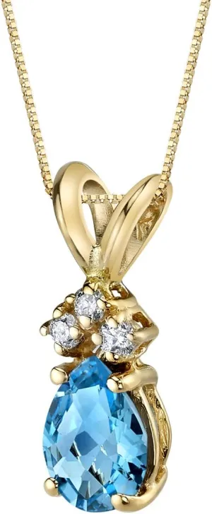 PEORA Swiss Blue Topaz with Genuine Diamonds Pendant in 14 Karat Yellow Gold, Dainty Teardrop Solitaire, Pear Shape, 7x5mm, Blue Gemstone Necklace, December Birthstone Gold Necklace, w/Jewelry Box
