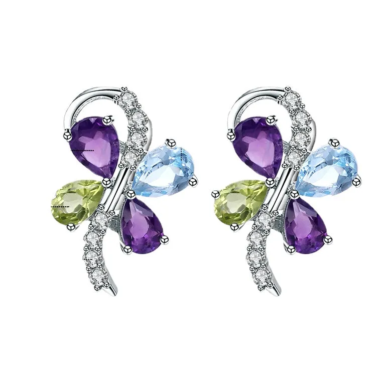 Personality Light Luxury Design Inlaid Natural Gemstones Premium Butterfly Shape Silver Studs Earrings for Women