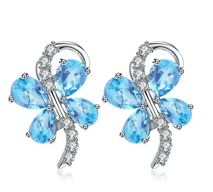 Personality Light Luxury Design Inlaid Natural Gemstones Premium Butterfly Shape Silver Studs Earrings for Women