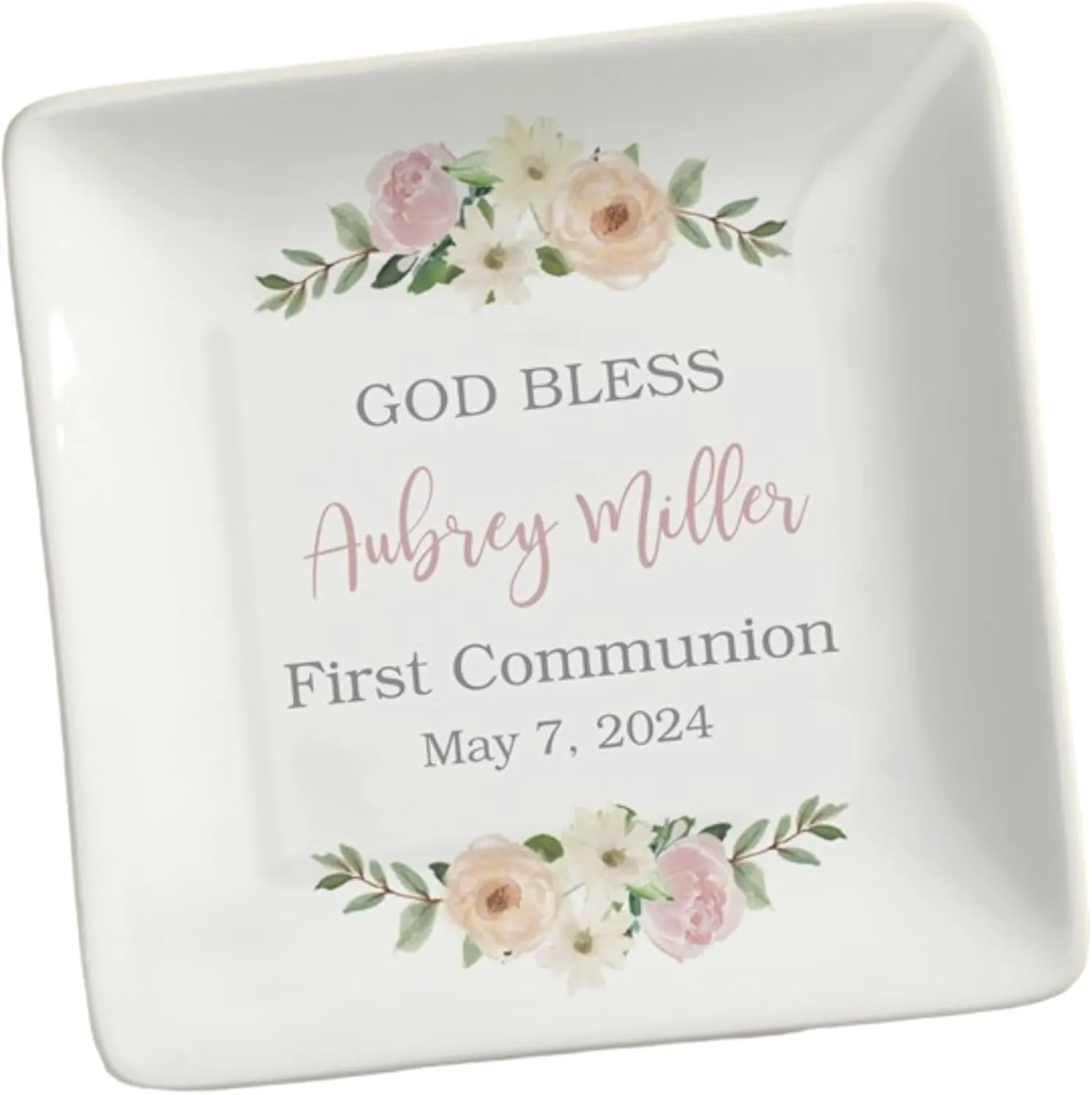 Personalization Universe Personalized Floral First Communion Porcelain Trinket Tray - Custom Name & Date Keepsake Jewelry Dish, Gift for Girl's 1st Communion