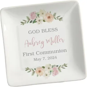 Personalization Universe Personalized Floral First Communion Porcelain Trinket Tray - Custom Name & Date Keepsake Jewelry Dish, Gift for Girl's 1st Communion