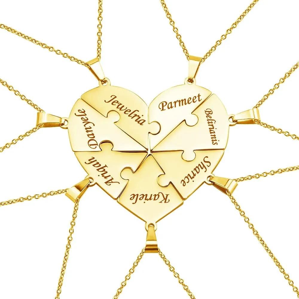 Personalized Sterling Silver Necklace 2/3/4/5/6/7/8 Pcs BFF Puzzle Name Heart Pendants Family Love Jewelry Free Engrave Friendship Forever Necklaces Set with Delicate Packaging (Gold, 7Pcs)