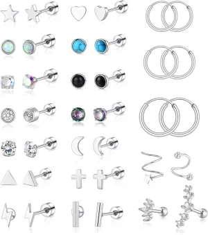 PLOMFOV 20G Stainless Steel Stud Earrings for Women Men CZ Heart Star Moon Flat Back Earrings Cartilage Earrings Stud Hoops Helix Tragus Daith Earrings Piercing Jewelry