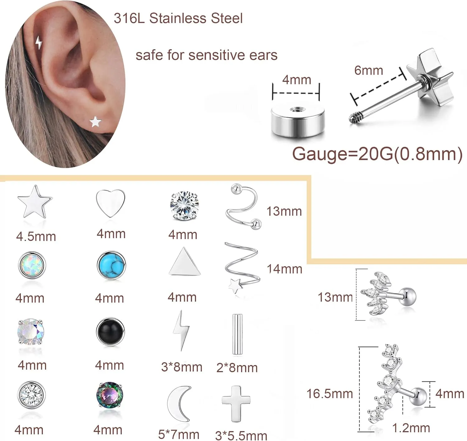 PLOMFOV 20G Stainless Steel Stud Earrings for Women Men CZ Heart Star Moon Flat Back Earrings Cartilage Earrings Stud Hoops Helix Tragus Daith Earrings Piercing Jewelry