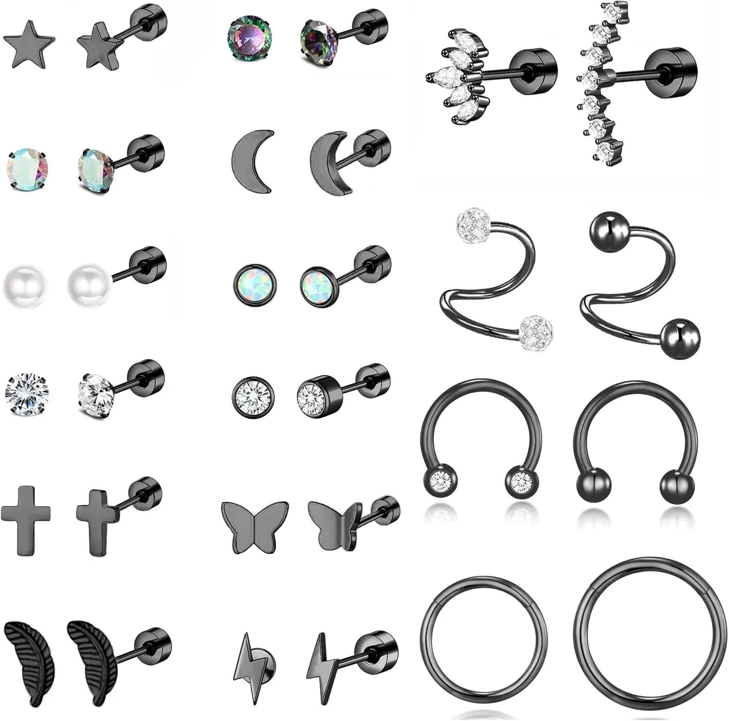 PLOMFOV 20G Stainless Steel Stud Earrings Set for Women & Men - CZ Leaf Heart Star Moon Butterfly Flat Back & Cartilage Earrings - Stud Hoops & Helix Tragus Piercing Jewelry