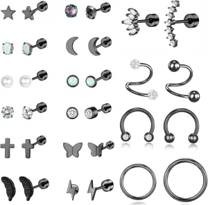 PLOMFOV 20G Stainless Steel Stud Earrings Set for Women & Men - CZ Leaf Heart Star Moon Butterfly Flat Back & Cartilage Earrings - Stud Hoops & Helix Tragus Piercing Jewelry