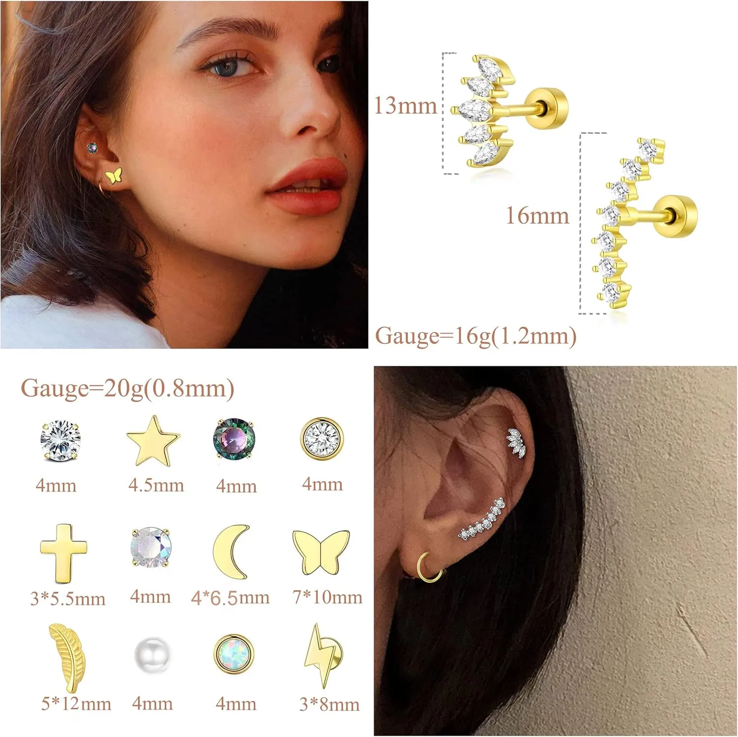 PLOMFOV 20G Stainless Steel Stud Earrings Set for Women & Men - CZ Leaf Heart Star Moon Butterfly Flat Back & Cartilage Earrings - Stud Hoops & Helix Tragus Piercing Jewelry