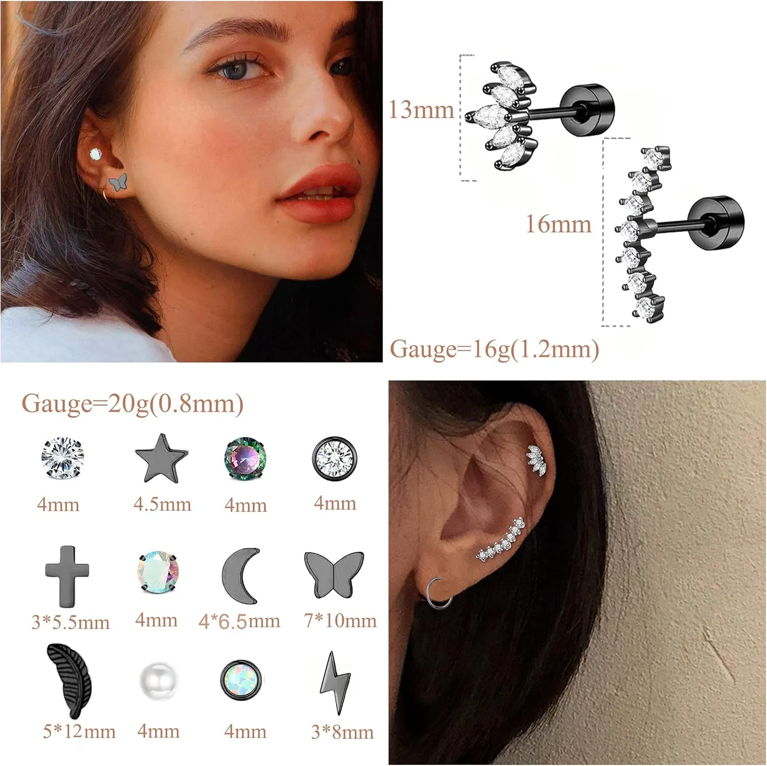 PLOMFOV 20G Stainless Steel Stud Earrings Set for Women & Men - CZ Leaf Heart Star Moon Butterfly Flat Back & Cartilage Earrings - Stud Hoops & Helix Tragus Piercing Jewelry