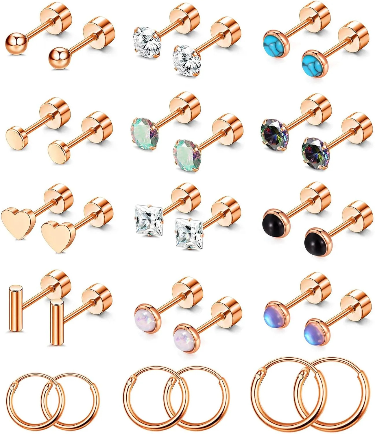 PLOMFOV Flat Back Earrings Gold Earrings for Women Men Stainless Steel Earrings Set CZ Heart Opal Surgical Steel Earrings Gold Studs 20G Cartilage Hoop Earrings Hypoallergenic for Sensitive Ears