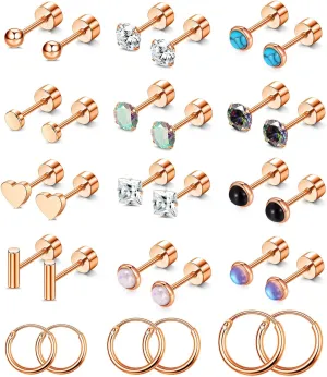 PLOMFOV Flat Back Earrings Gold Earrings for Women Men Stainless Steel Earrings Set CZ Heart Opal Surgical Steel Earrings Gold Studs 20G Cartilage Hoop Earrings Hypoallergenic for Sensitive Ears