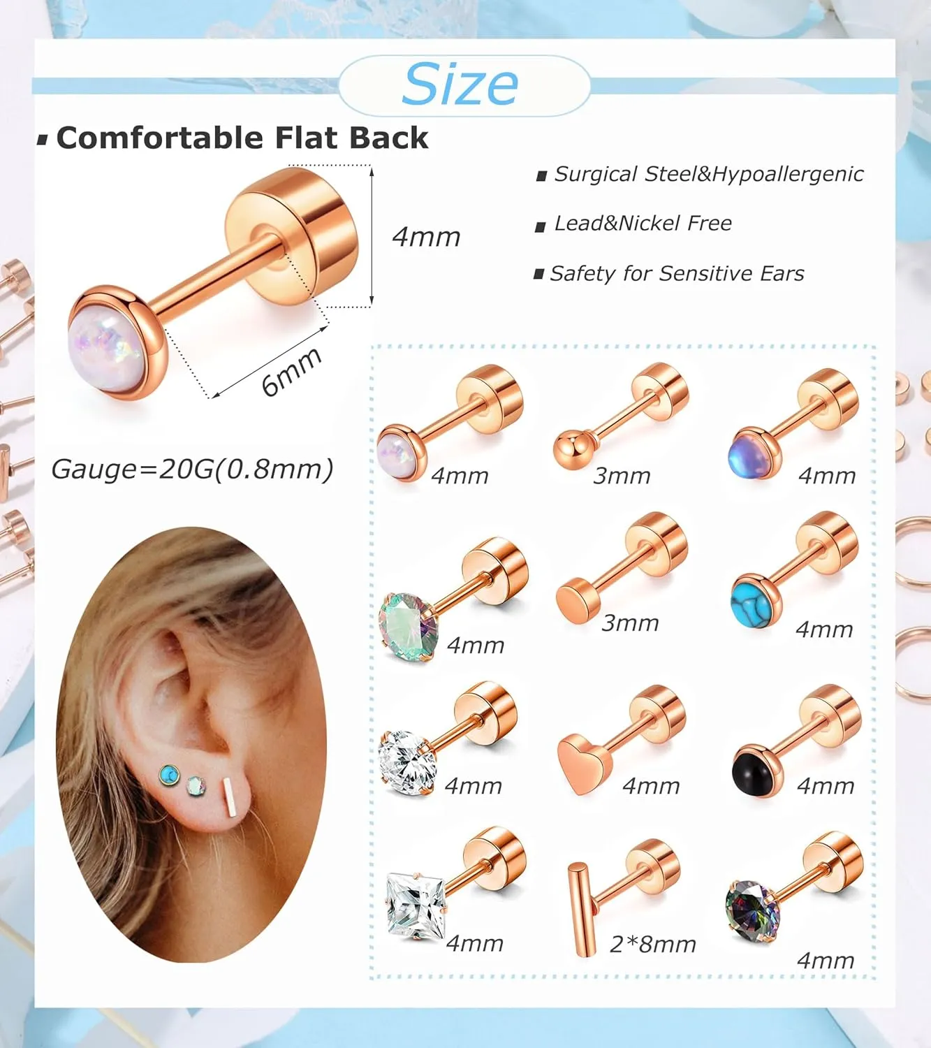 PLOMFOV Flat Back Earrings Gold Earrings for Women Men Stainless Steel Earrings Set CZ Heart Opal Surgical Steel Earrings Gold Studs 20G Cartilage Hoop Earrings Hypoallergenic for Sensitive Ears