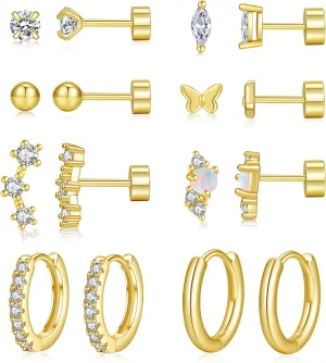 PLOMFOV Gold Flat Back Earrings | Hoop Cartilage Earring Sets for Multiple Piercing | 14K Gold Plated 20G Stud Earrings Stacks for Women | Cartilage Helix Tragus Piercing
