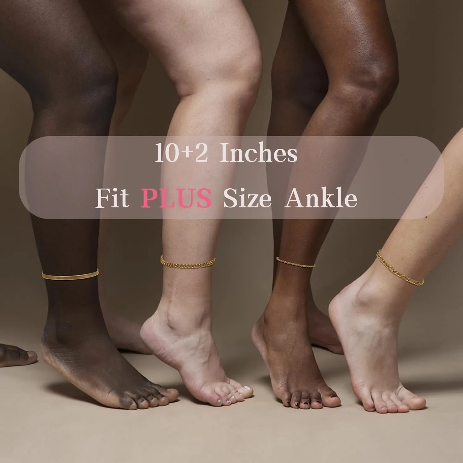 Plus Size Ankle Bracelets for Women - Extra Large 10" 2" Adjustable Anklet 14K Real Gold Plated Anklet Cuban Link, Figaro, Rope, Snake Herringbone - Summer Beach Waterproof Foot Jewelry