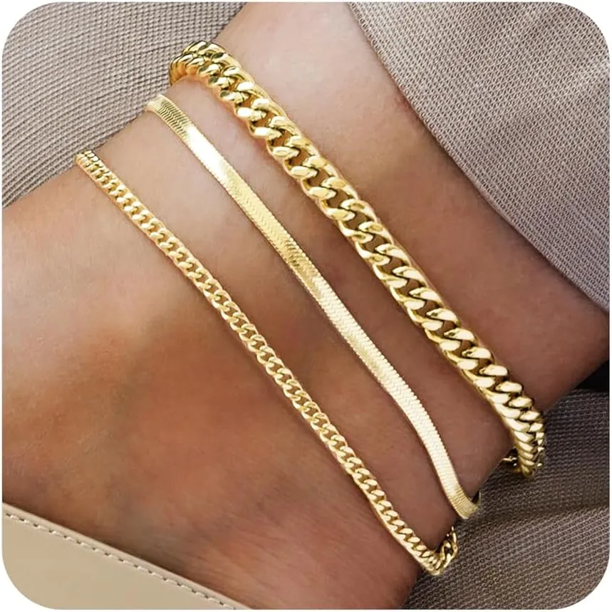Plus Size Ankle Bracelets for Women - Extra Large 10" 2" Adjustable Anklet 14K Real Gold Plated Anklet Cuban Link, Figaro, Rope, Snake Herringbone - Summer Beach Waterproof Foot Jewelry