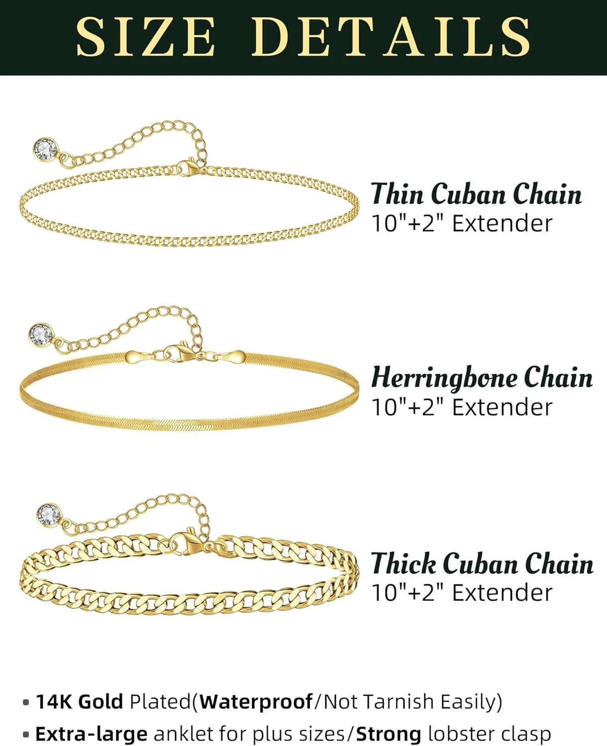 Plus Size Ankle Bracelets for Women - Extra Large 10" 2" Adjustable Anklet 14K Real Gold Plated Anklet Cuban Link, Figaro, Rope, Snake Herringbone - Summer Beach Waterproof Foot Jewelry