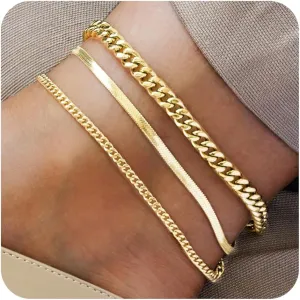 Plus Size Ankle Bracelets for Women - Extra Large 10" 2" Adjustable Anklet 14K Real Gold Plated Anklet Cuban Link, Figaro, Rope, Snake Herringbone - Summer Beach Waterproof Foot Jewelry