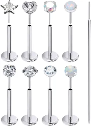 Prjndjw Threadless Nose Rings Stud 20G 18G 16G Flat Back Nose Stud Surgical Steel Push In Nose Rings Opal Heart CZ Hypoallergenic Nose Piercing Lip Medusa Tragus Studs Earrings Piercing Taper
