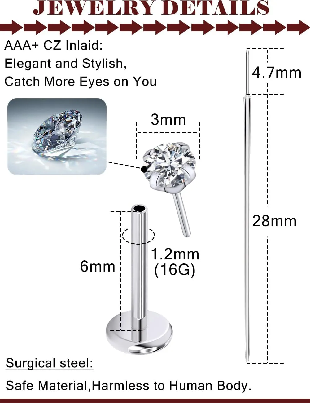Prjndjw Threadless Nose Rings Stud 20G 18G 16G Flat Back Nose Stud Surgical Steel Push In Nose Rings Opal Heart CZ Hypoallergenic Nose Piercing Lip Medusa Tragus Studs Earrings Piercing Taper