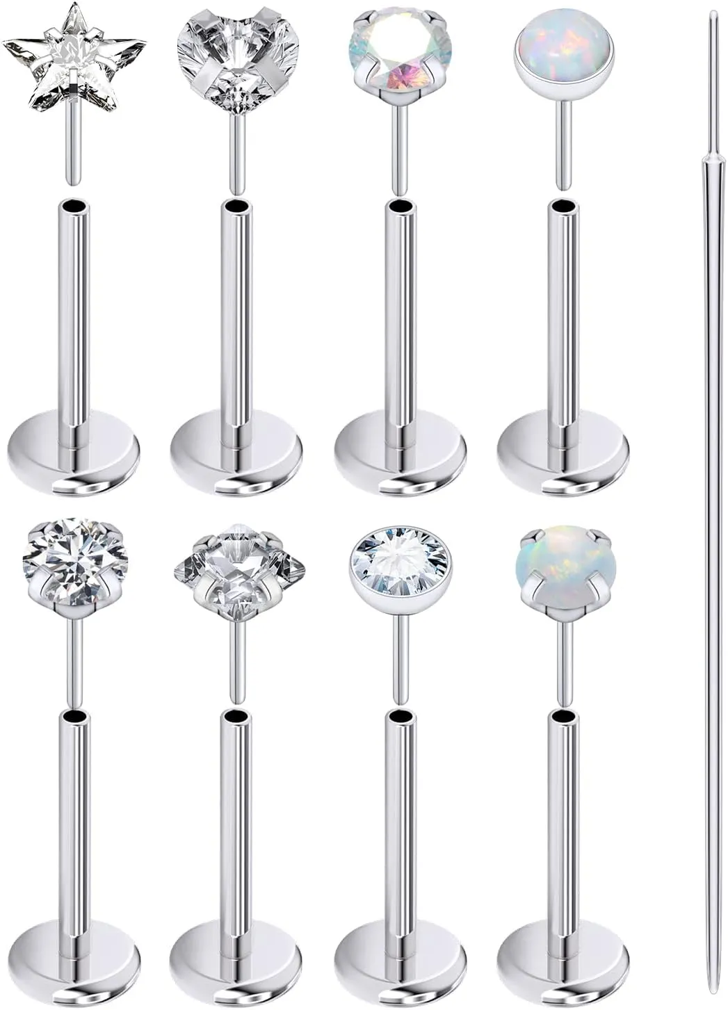 Prjndjw Threadless Nose Rings Stud 20G 18G 16G Flat Back Nose Stud Surgical Steel Push In Nose Rings Opal Heart CZ Hypoallergenic Nose Piercing Lip Medusa Tragus Studs Earrings Piercing Taper