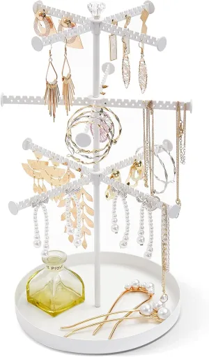 ProCase Earring Holder Organizer Jewelry Stand for Women Girls, 3 Tier Rotating Earring Tree Necklace Rack for Extra Long Necklaces, Metal Jewelry Storage Rack Display Tower -White