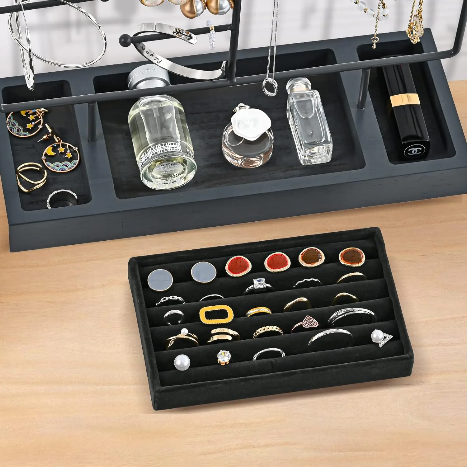 ProCase Jewelry Organizer Stand Earring Holder Organizer, 6 Tiers Earring Organizer Tree Necklace Rack Jewellery Tower Bracelets Holder Storage with Removable Wooden Ring Tray for Women Girls -Grey