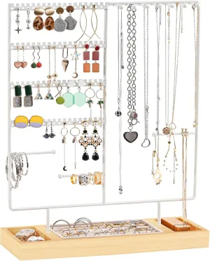 ProCase Jewelry Organizer Stand Earring Holder Organizer, 6 Tiers Earring Organizer Tree Necklace Rack Jewellery Tower Bracelets Holder Storage with Removable Wooden Ring Tray for Women Girls -White