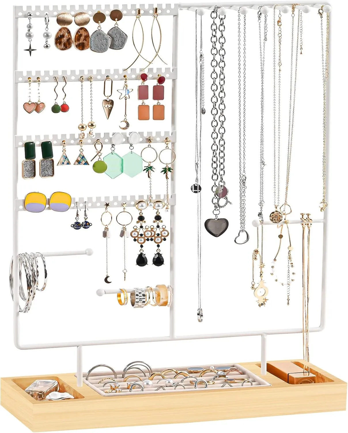 ProCase Jewelry Organizer Stand Earring Holder Organizer, 6 Tiers Earring Organizer Tree Necklace Rack Jewellery Tower Bracelets Holder Storage with Removable Wooden Ring Tray for Women Girls -White