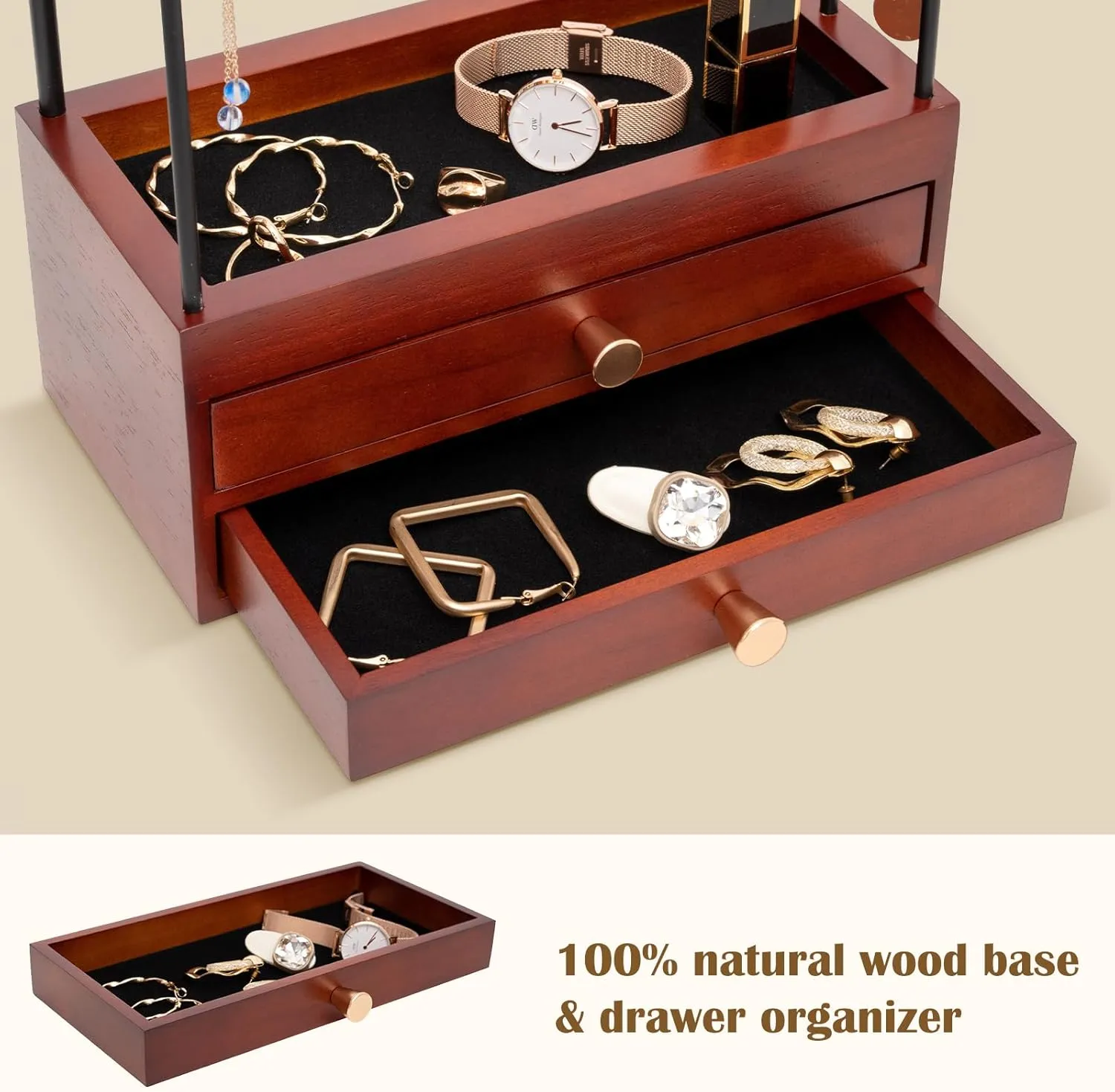 ProCase Jewelry Organizer Wooden Jewelry Box with 2 Drawers for Women Girls, 5 Tiers Height Adjustable Jewelry Holder Organizer Necklace Stand Earring Storage Rack for Bracelets Rings -Black