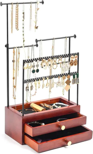 ProCase Jewelry Organizer Wooden Jewelry Box with 2 Drawers for Women Girls, 5 Tiers Height Adjustable Jewelry Holder Organizer Necklace Stand Earring Storage Rack for Bracelets Rings -Black