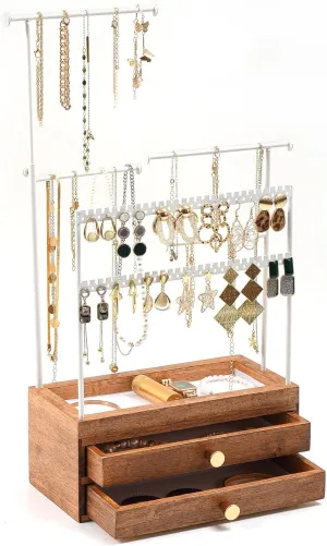 ProCase Jewelry Organizer Wooden Jewelry Box with 2 Drawers for Women Girls, 5 Tiers Height Adjustable Jewelry Holder Organizer Necklace Stand Earring Storage Rack for Bracelets Rings -White