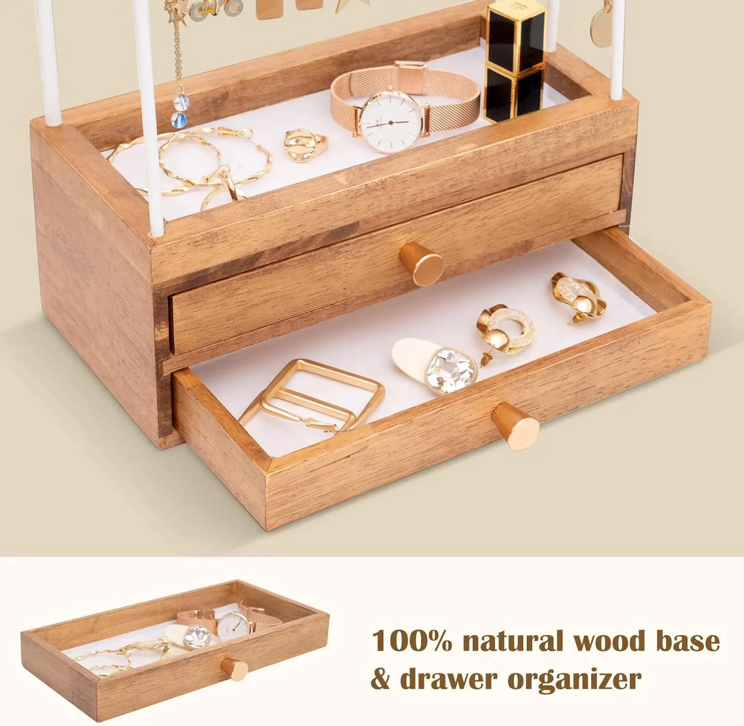 ProCase Jewelry Organizer Wooden Jewelry Box with 2 Drawers for Women Girls, 5 Tiers Height Adjustable Jewelry Holder Organizer Necklace Stand Earring Storage Rack for Bracelets Rings -White