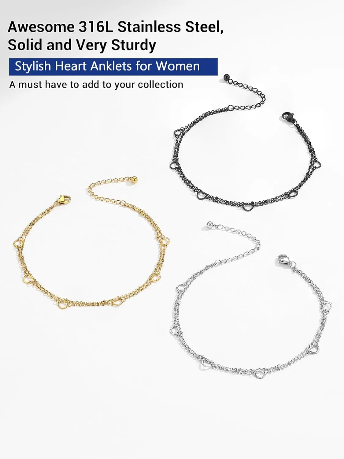 PROSTEEL Stainless Steel Chain Anklets for Women, Silver/Gold Tone, Ankle Bracelets Hypoallergenic, 8-10.5 Inch Adjustable, Come with Box