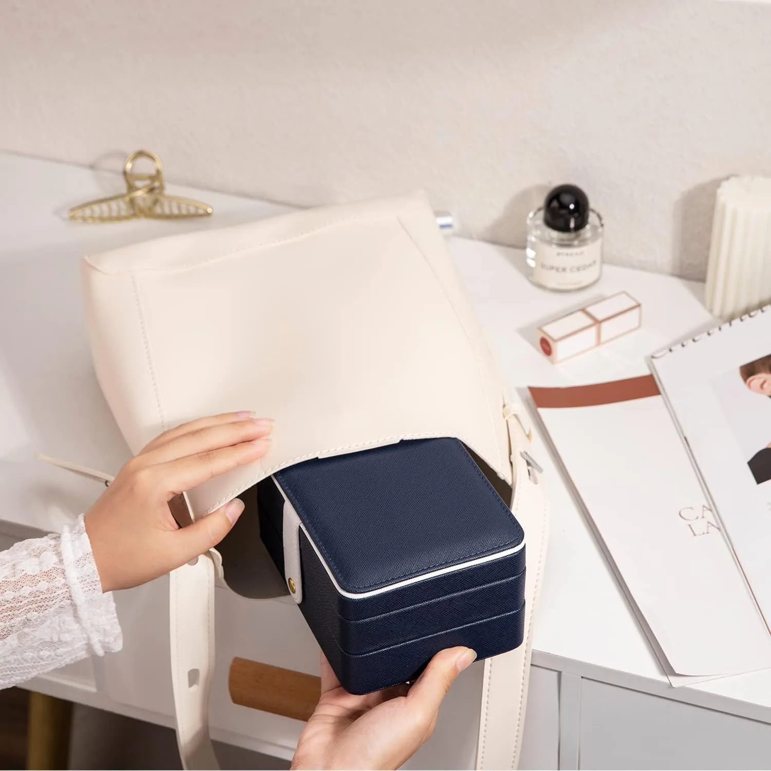 PU Leather Travel Jewelry Organizer Case for Women & Girls, 2-Layer Portable Jewelry Box for Earrings, Rings, Necklaces, Bracelets, Compact Jewelry Storage (Blue, Small)