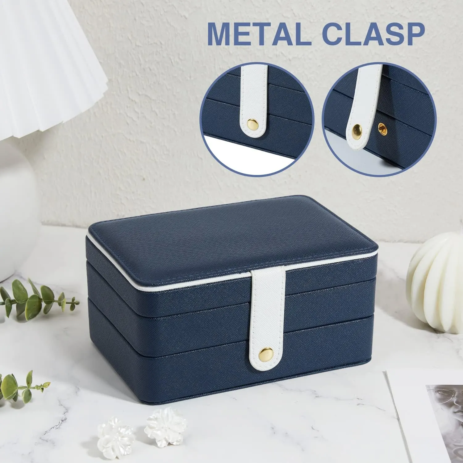 PU Leather Travel Jewelry Organizer Case for Women & Girls, 2-Layer Portable Jewelry Box for Earrings, Rings, Necklaces, Bracelets, Compact Jewelry Storage (Blue, Small)