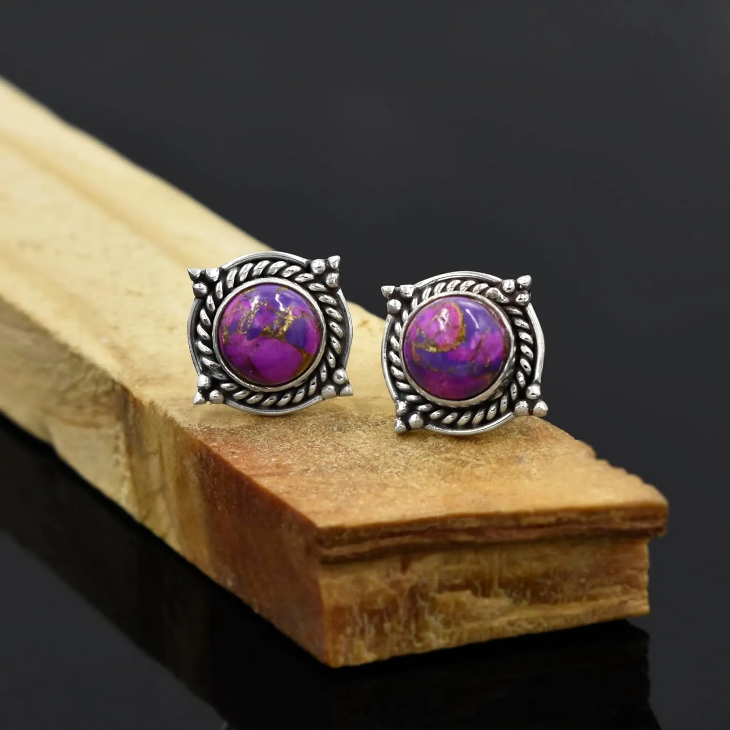 Purple Copper Turquoise Gemstone 925 Sterling Silver Studs Earring For Women And Girls Round Shape Handmade Studs Earring For Graduation, Teacher, Friend Unique Gift Ideas By NKG (Purple Turquoise)