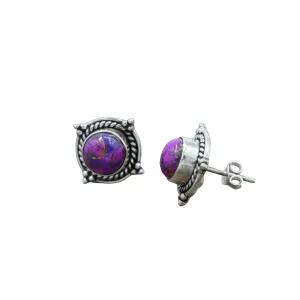 Purple Copper Turquoise Gemstone 925 Sterling Silver Studs Earring For Women And Girls Round Shape Handmade Studs Earring For Graduation, Teacher, Friend Unique Gift Ideas By NKG (Purple Turquoise)