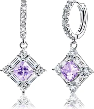 Purple Dangle Hoop Earrings for Women Sterling Silver Amethyst Cubic Zirconia Square Hoop Earrings with Cz Charm Sparkling Crystal Huggie Jewelry for Women Mother's Day Gifts for Mom Bridal Wedding