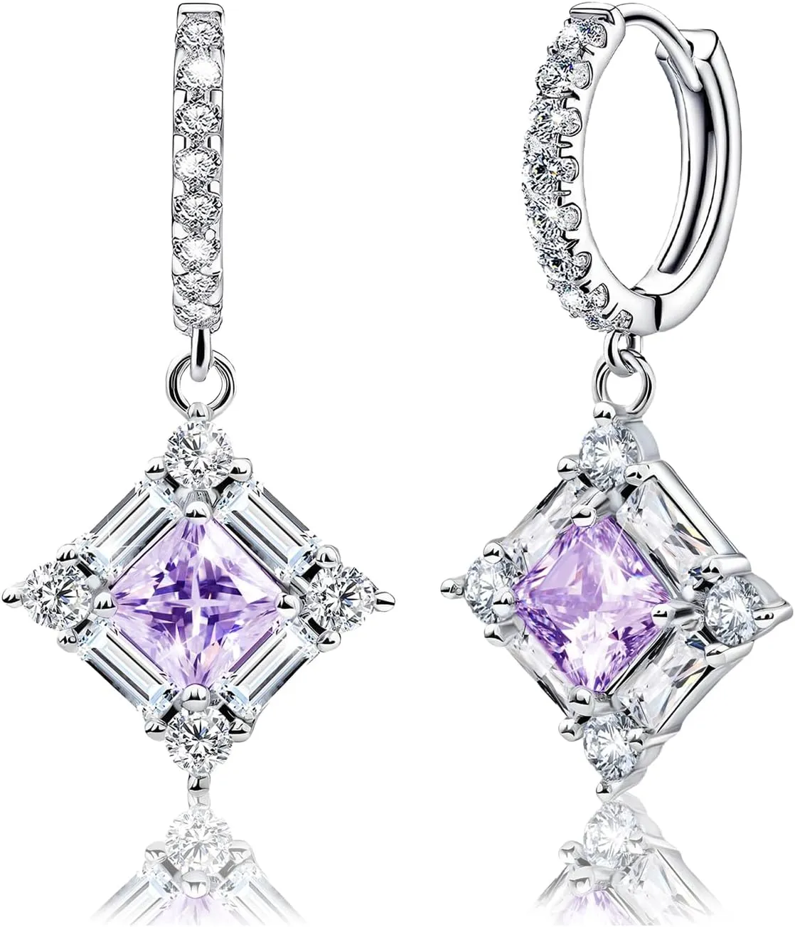 Purple Dangle Hoop Earrings for Women Sterling Silver Amethyst Cubic Zirconia Square Hoop Earrings with Cz Charm Sparkling Crystal Huggie Jewelry for Women Mother's Day Gifts for Mom Bridal Wedding