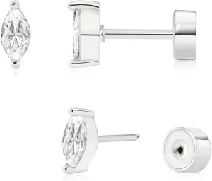 Push-in Flat Back Earrings, Hypoallergenic 14K Gold Plated Marquise Cubic Zirconia Stud Earrings | Cartilage Earring | Tragus Helix Piercing Jewelry | Threadless Push in Flatback Nap Earrings for Women Men