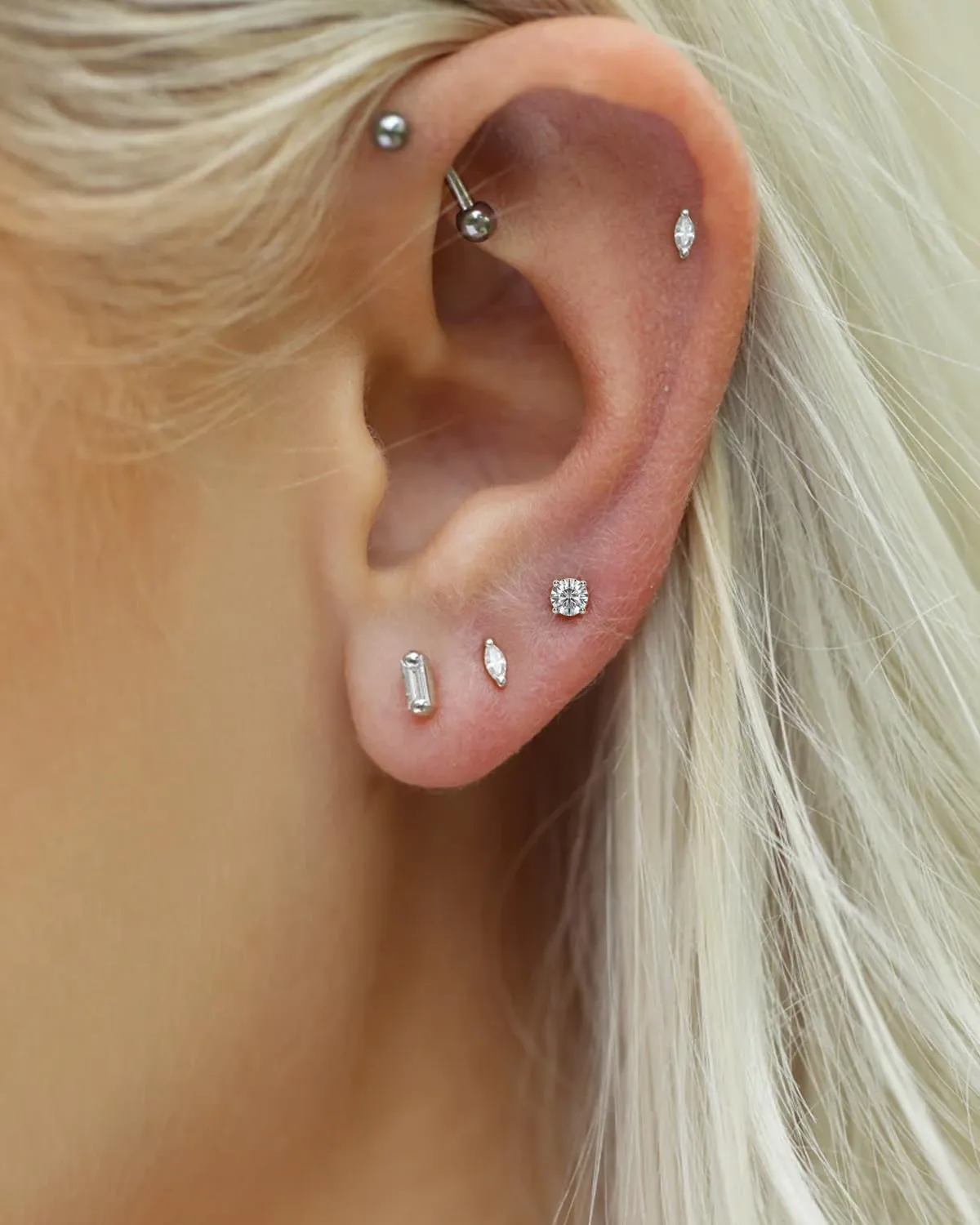 Push-in Flat Back Earrings, Hypoallergenic 14K Gold Plated Marquise Cubic Zirconia Stud Earrings | Cartilage Earring | Tragus Helix Piercing Jewelry | Threadless Push in Flatback Nap Earrings for Women Men