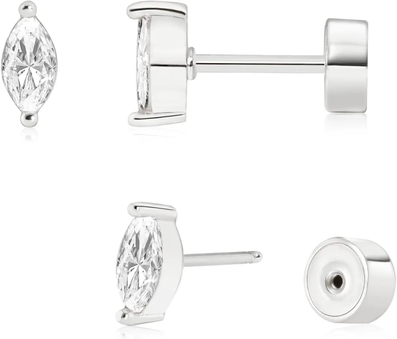 Push-in Flat Back Earrings, Hypoallergenic 14K Gold Plated Marquise Cubic Zirconia Stud Earrings | Cartilage Earring | Tragus Helix Piercing Jewelry | Threadless Push in Flatback Nap Earrings for Women Men