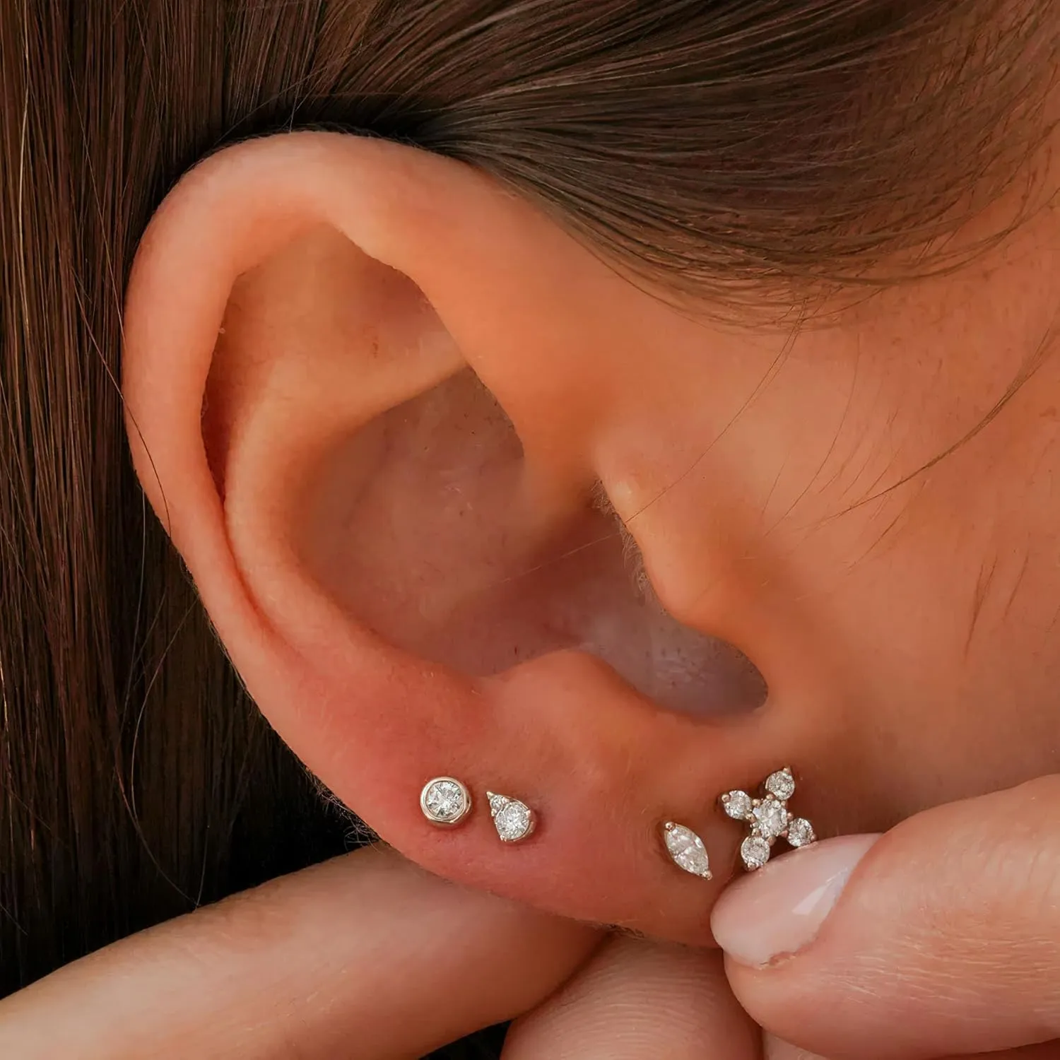Push-in Flat Back Earrings, Hypoallergenic 14K Gold Plated Marquise Cubic Zirconia Stud Earrings | Cartilage Earring | Tragus Helix Piercing Jewelry | Threadless Push in Flatback Nap Earrings for Women Men